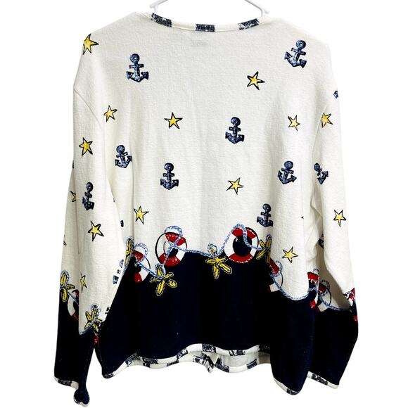 Vintage Nautical Coastal Sailor Stars Grandma Cardigan Size L Artsy Art to Wear - Picture 2 of 3